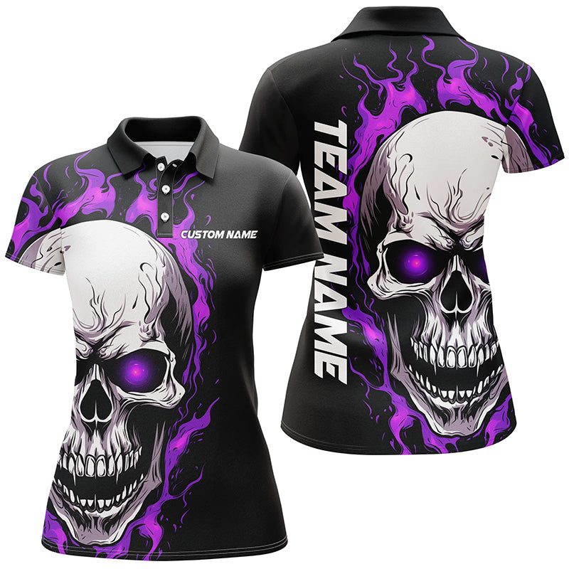 Purple Flame Skull Sport Jerseys, Custom Team Bowling Polo Shirts For Women, Bowler Outfits IPHW5273