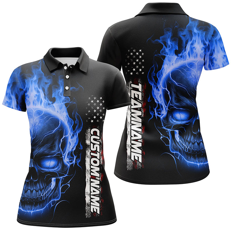 Blue Flame Skull Custom Bowling Polo Shirts For Women, American Bowling Team Jerseys IPHW5277