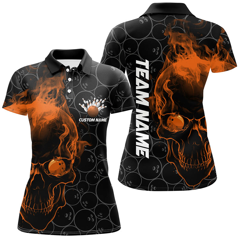 Custom Orange Skull Women Bowling Polo Shirts Team Bowling Jerseys Bowling League Outfits IPHW5415