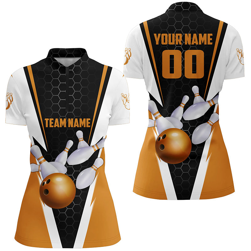 Custom Orange Strike Bowling Quarter Zip Shirts Womens, Ladies Bowling Jerseys IPHW5284