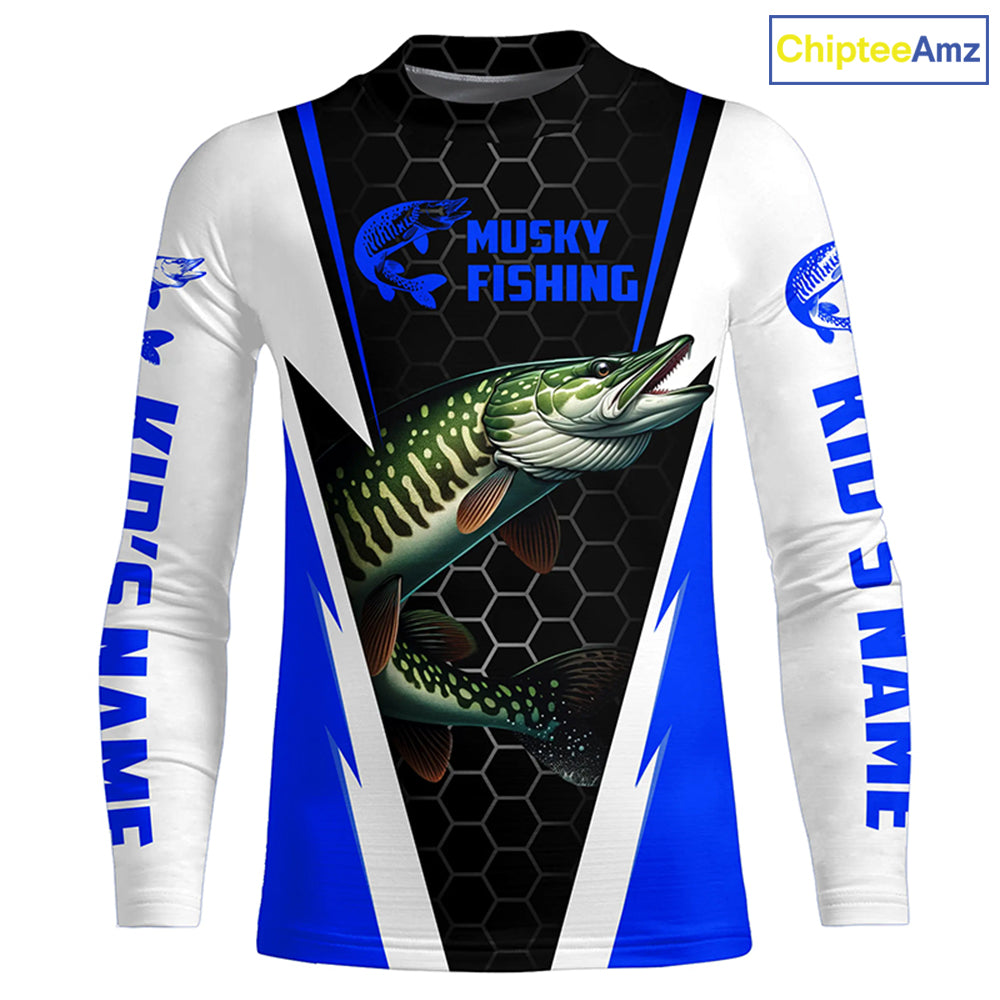 Personalized Musky Fishing Long Sleeve Tournament Fishing Shirts, Musky Fishing Jerseys |Blue IPHW6143