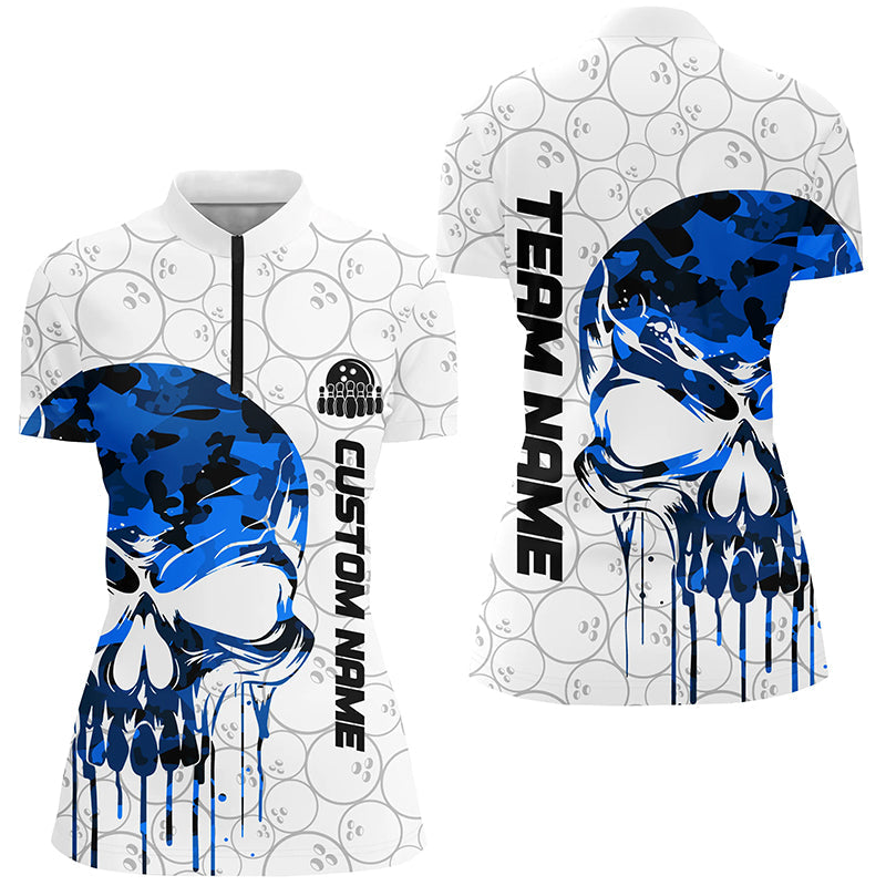 Custom Blue Camo Skull Bowling Quarter-Zip Shirts Women Team Bowling Jerseys Bowling League IPHW5306