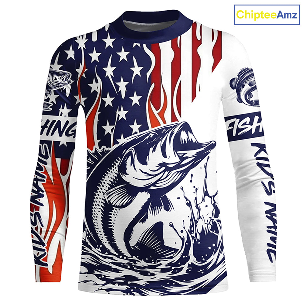 Flame American Flag Custom Bass Long Sleeve Tournament Fishing Shirts, Patriotic Bass Fishing Jersey IPHW5942