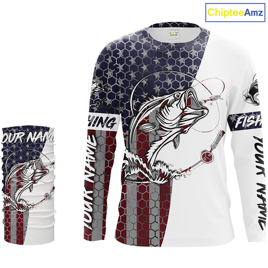 Bass Fishing American Flag Custom Long Sleeve performance Fishing shirts, persoanlized Patriotic Bass Fishing jerseys - IPHW1382