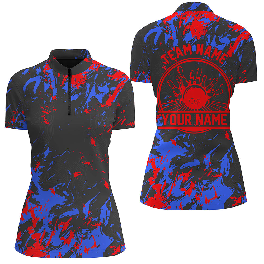 Custom Bowling Quarter Zip Shirts Women Bowling Ball And Pins Team Shirts | Blue Red IPHW5399