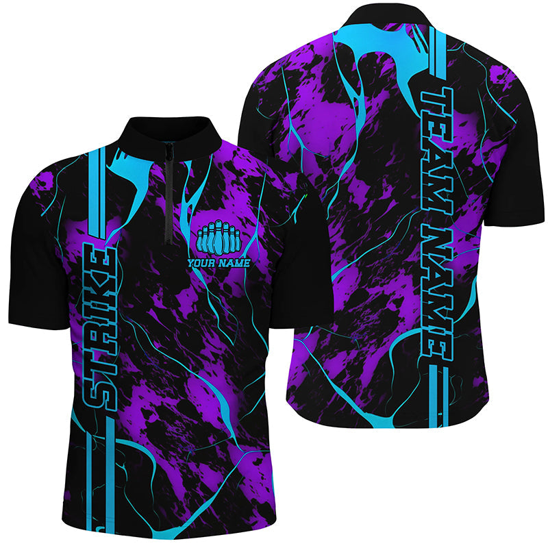 Custom Blue Purple Strike Bowling Shirts Men Quarter Zip Camo Bowling