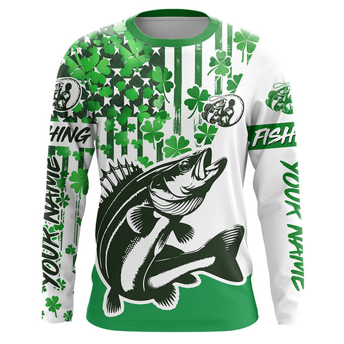 Custom Name St Patrick'S Day Walleye Long Sleeve Fishing Shirts, Patriotic Walleye Jerseys IPHW5909