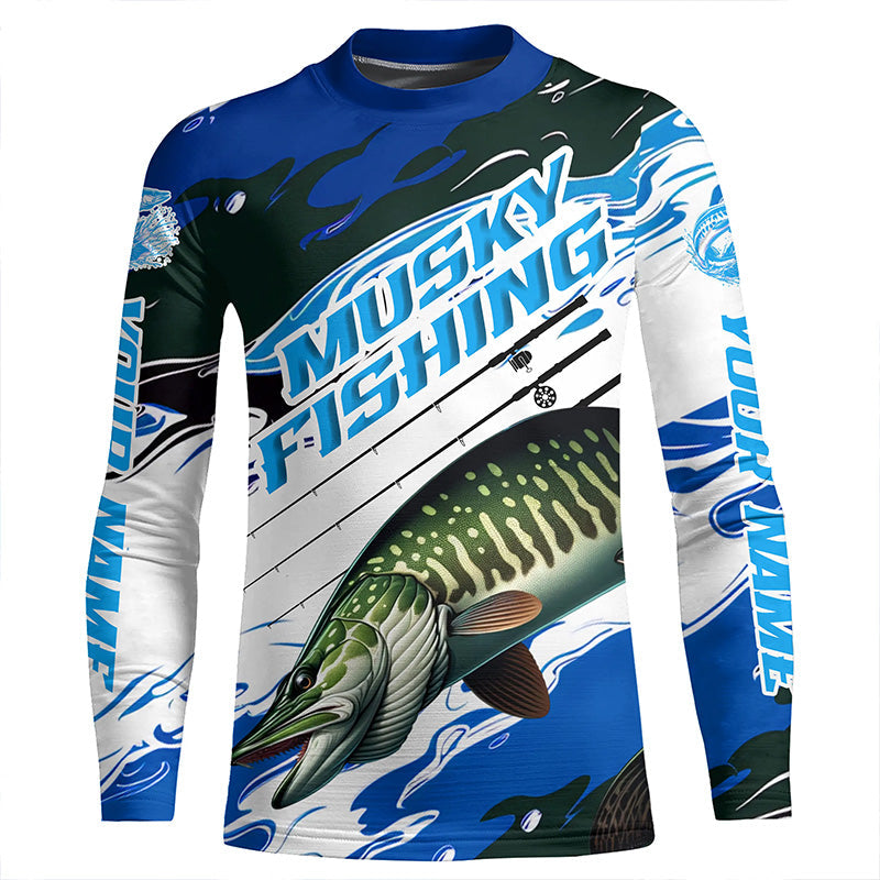 Custom Musky Fishing Jerseys, Muskie Long Sleeve Tournament Fishing Shirts | Blue Camo IPHW6126