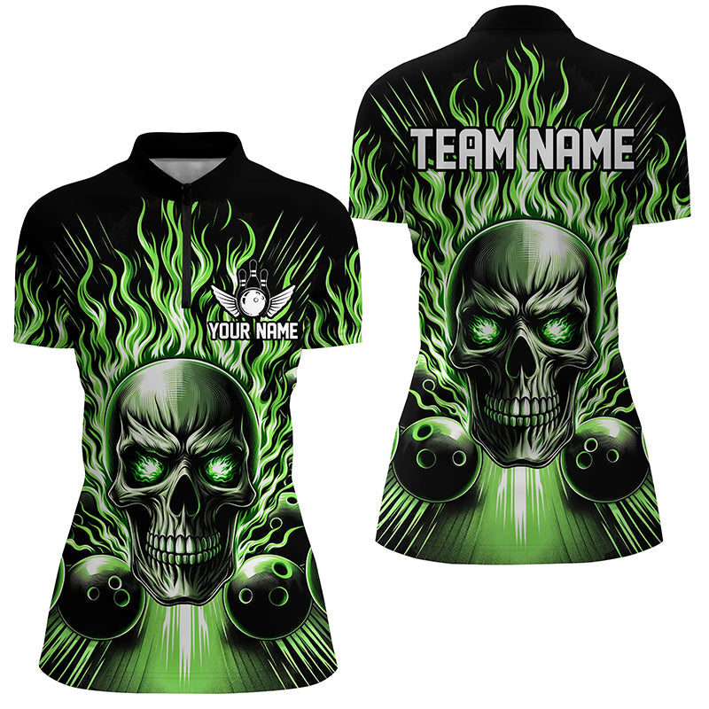 Personalized Skull Bowling Shirt For Women Custom Team'S Name Flame Bowler Jerseys | Green IPHW5819