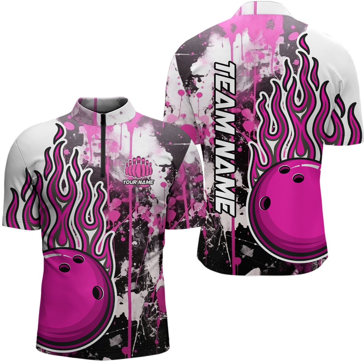 Pink Camo Flame Bowling Quarter Zip Shirts Men Custom Bowling Team Jerseys Bowling League Shirts IPHW5410