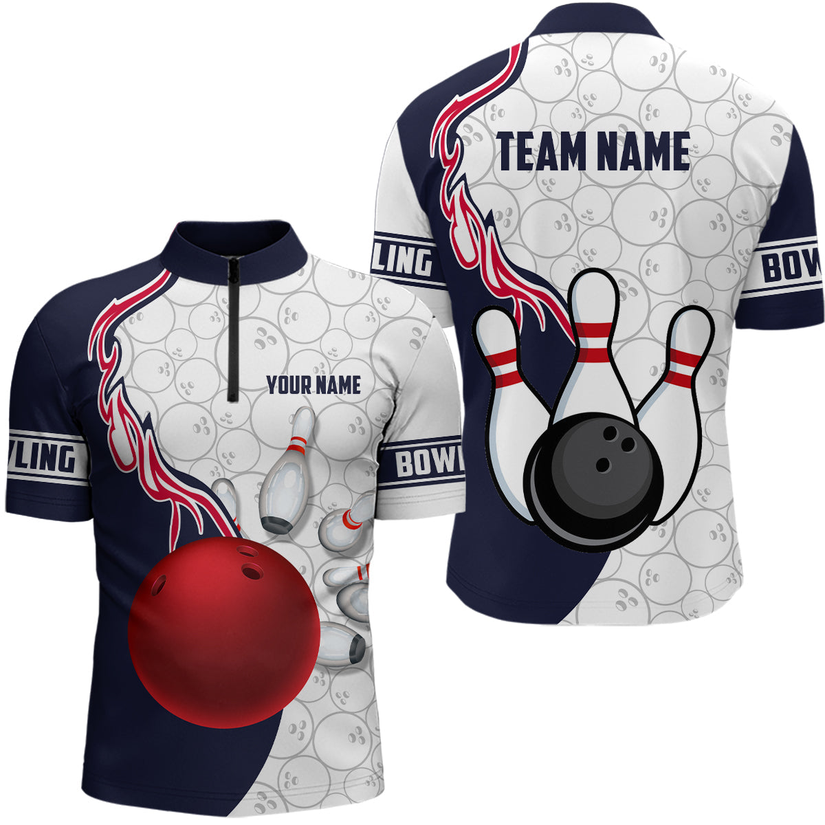 Custom Men Bowling Quarter Zip Shirt Bowling Ball And Pins Team League Bowling Jerseys Outfit IPHW5305
