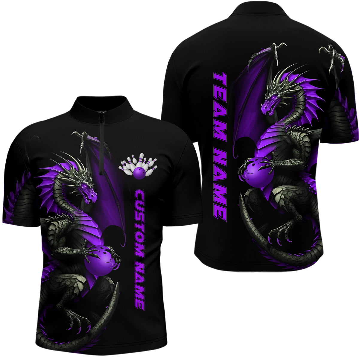 Custom Purple Dragon Bowling Quarter Zip Shirts Men Team Bowling Jerse