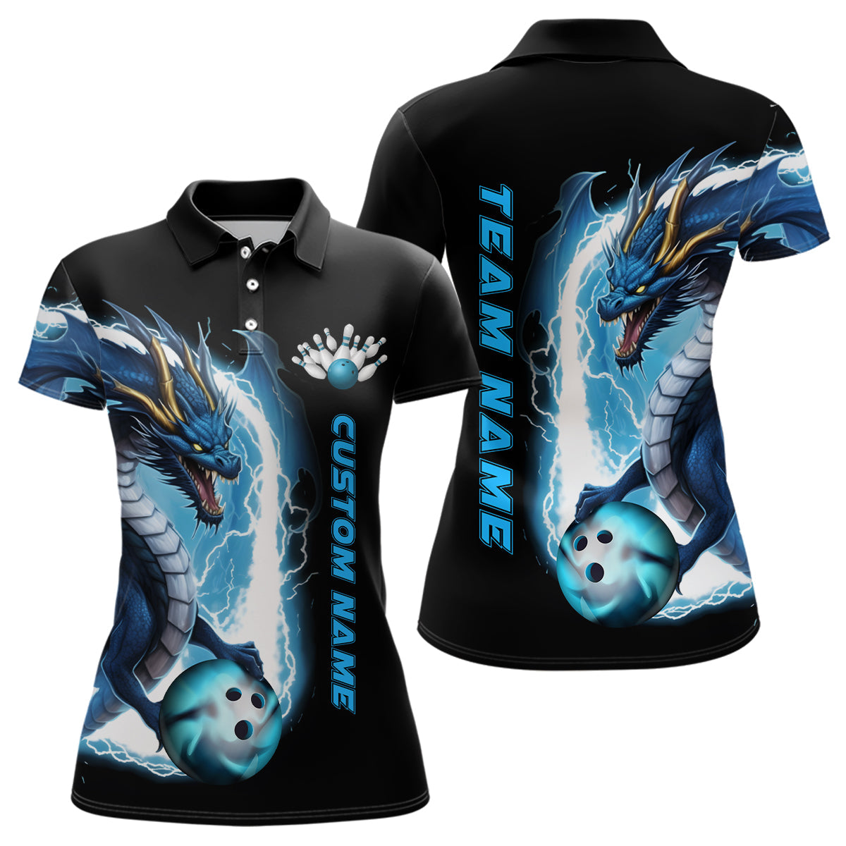 Custom Blue Thunder Lightning Dragon Bowling Polo Shirts Women Dragon Bowling Team Jerseys IPHW5337