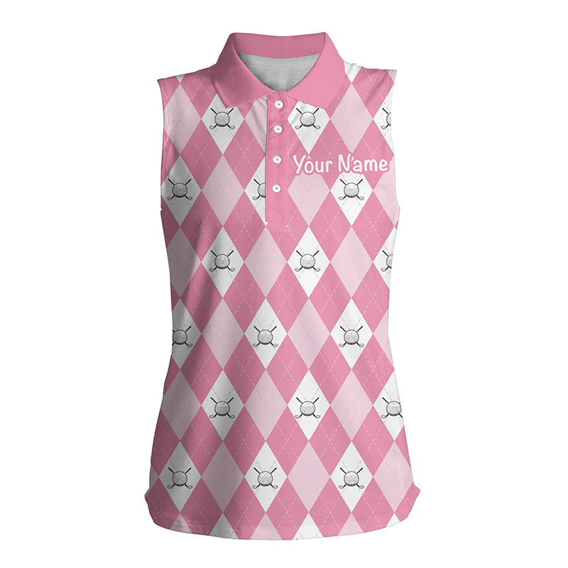 Pink argyle plaid pattern Womens sleeveless polo shirt custom golf shirts for women, ladies golf polo NQS5156