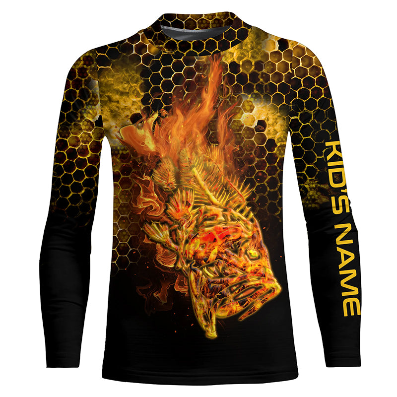 Flaming Fire fish skeleton fishing Custom UV sun protection Long sleeve Fishing Shirts, Fishing Gift NQS4602