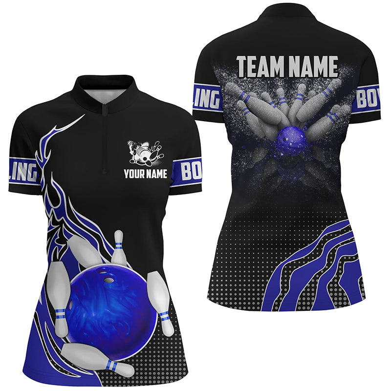 Blue and black Bowling Quarter Zip shirts for women custom Bowling ball pins Team Jerseys bowl gifts NQS6252