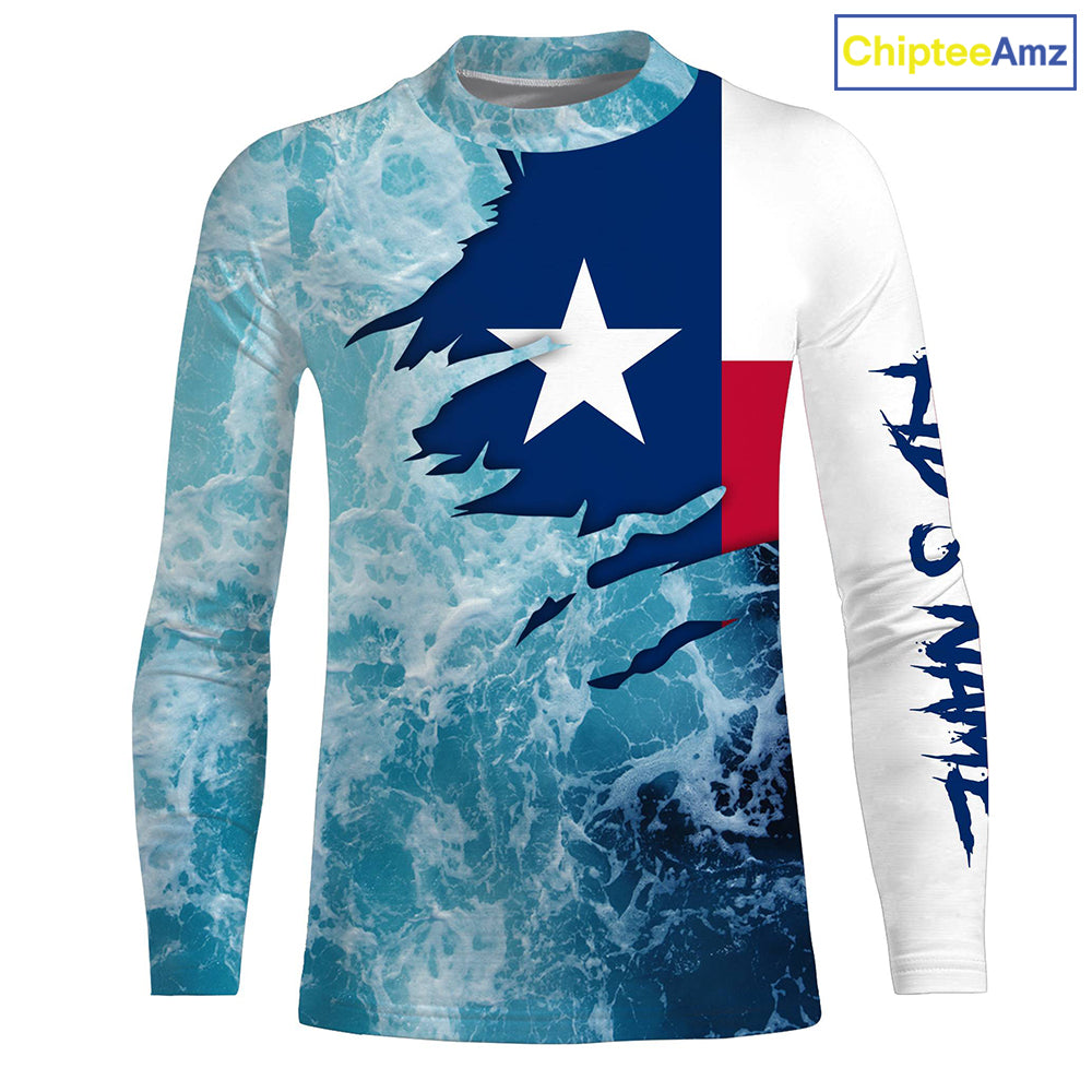 Texas flag fishing Saltwater Long sleeve customized name Fishing Shirts UV Protection, Sea wave camo blue Fishing Shirts NQS2567