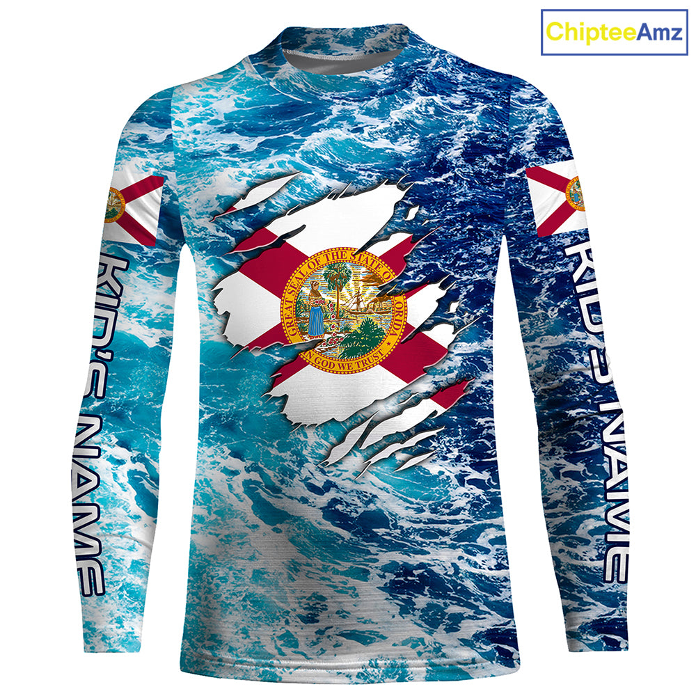 Blue sea wave ocean camo Florida flag shirt Custom sun protection fishing fishing long sleeve shirts NQS3455