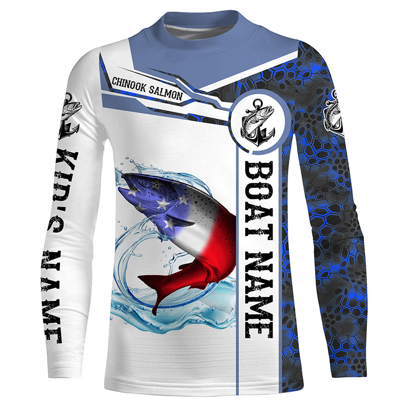 Salmon Fishing blue camo American Flag Custom name & boat name performance Long Sleeve Fishing Shirts NQS3902