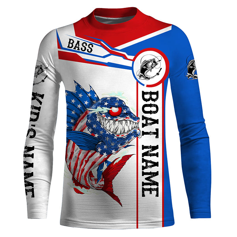 Angry Largemouth Bass American flag patriot fishing Custom name and boat name tournament fishing shirt NQS4551