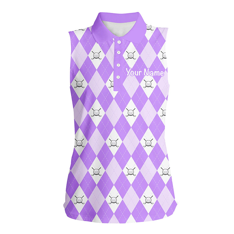 Purple argyle plaid pattern Women sleeveless polo shirt custom golf shirt for women, ladies golf polo NQS5260