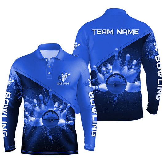 Mens polo bowling shirts Custom blue lightning thunder Bowling Team Jersey, gift for team Bowlers NQS6620