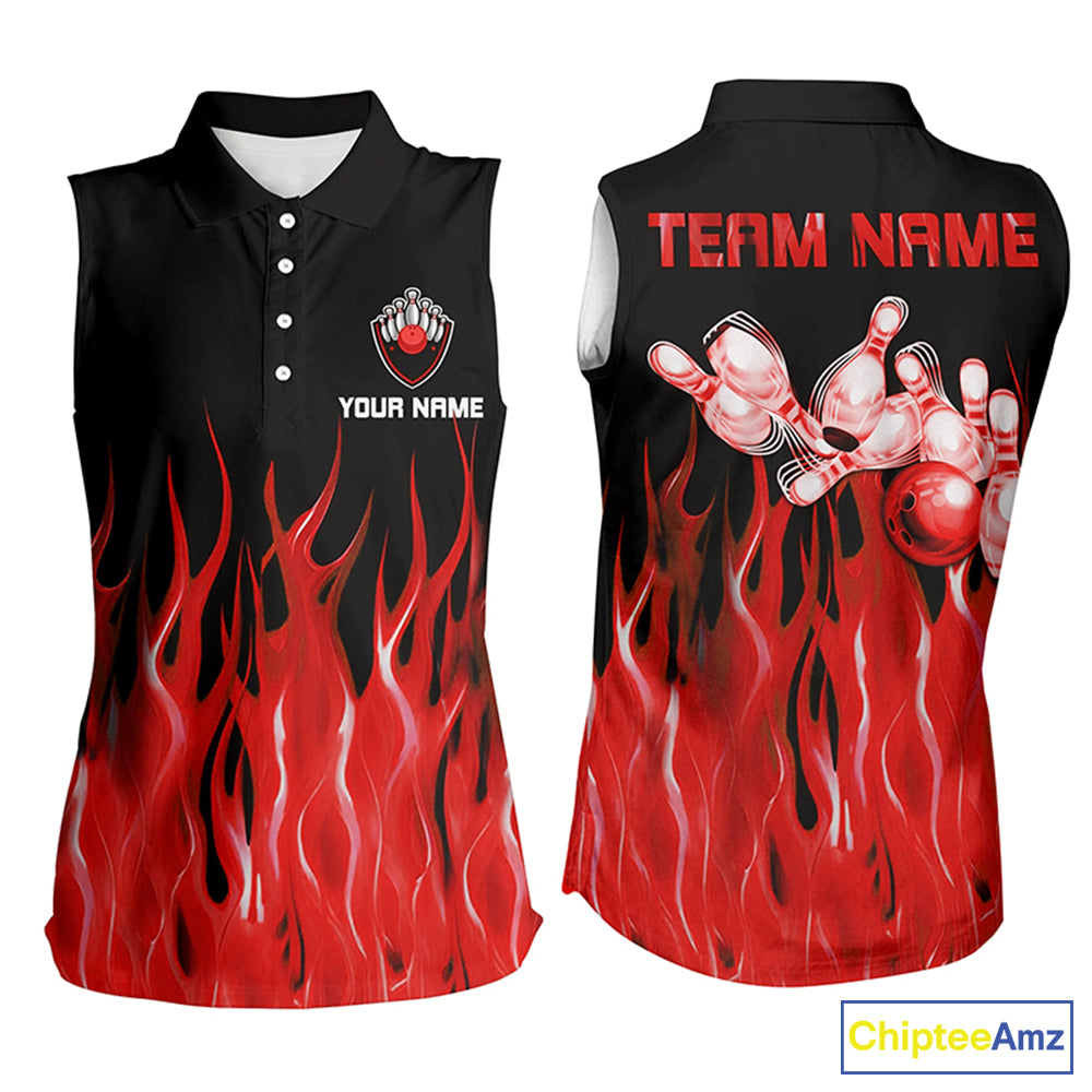 Personalized Women sleeveless polo shirts Red Flame Bowling Ball Pins bowling jerseys for Bowler NQS7052