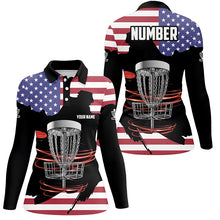 Load image into Gallery viewer, American flag Disc golf basket patriotic Womens disc golf polo shirts custom number disc golf tops NQS7314