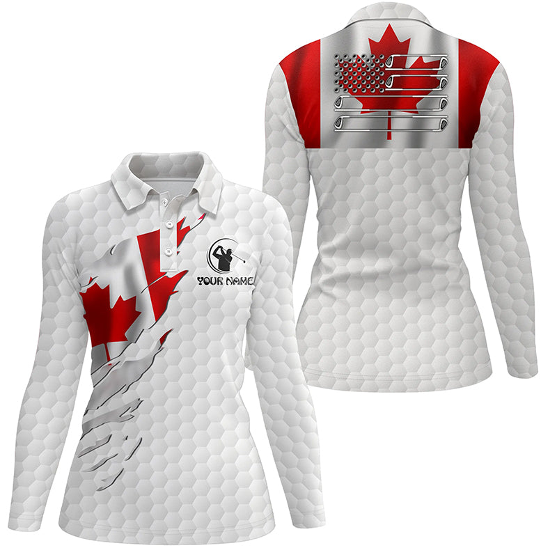 Womens golf polo shirt custom Canadian flag white golf ball skin patri