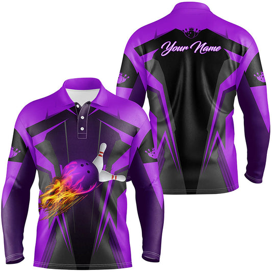 Personalized Mens polo Shirt Flame Bowling Ball Pins, bowling jerseys for bowlers | Purple NQS6440