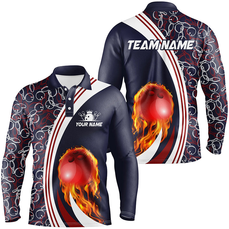 Bowling Polo Shirts For Men Custom camo flame bowling ball fire Bowling Team League Jerseys | Navy NQS6716