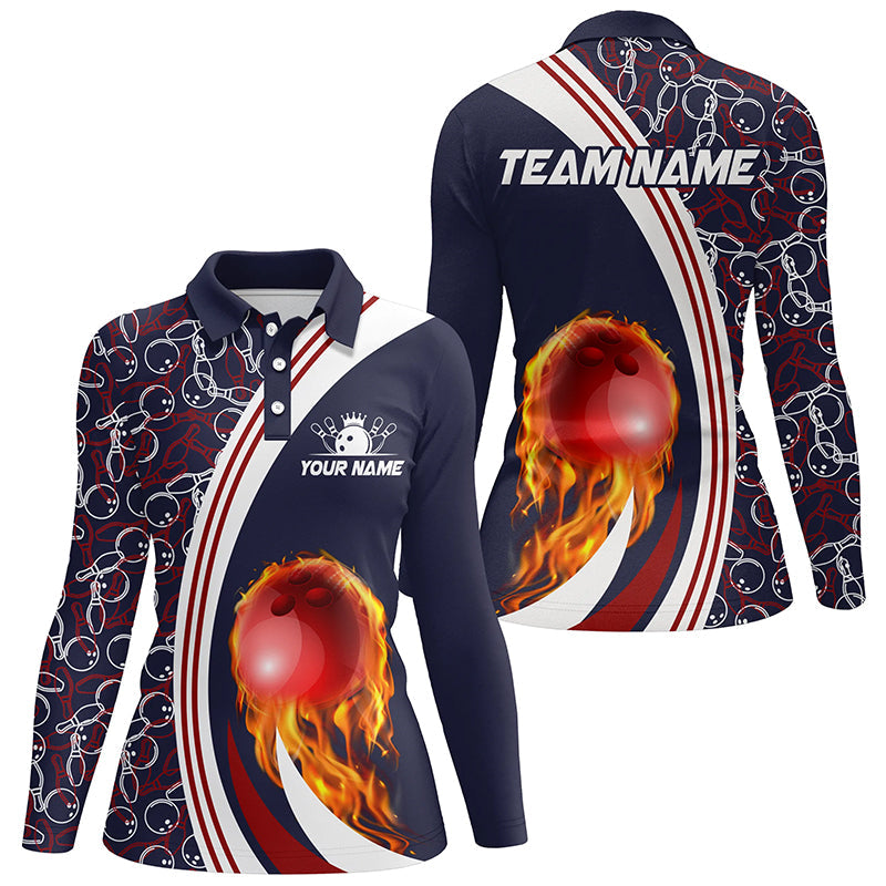 Bowling Polo Shirts For Women Custom camo flame bowling ball fire Bowling Team League Jerseys | Navy NQS6716