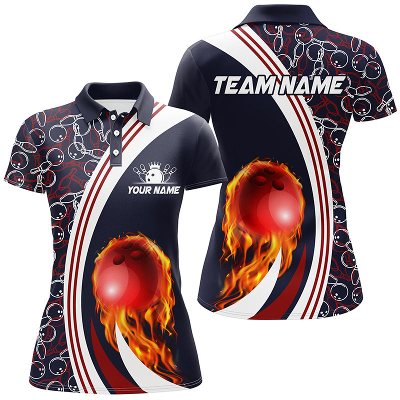 Bowling Polo Shirts For Women Custom camo flame bowling ball fire Bowling Team League Jerseys | Navy NQS6716