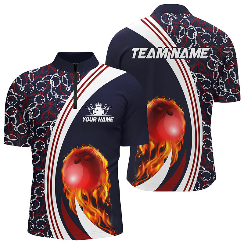 Bowling Quarter Zip Shirt For men Custom camo flame bowling ball fire Bowling Team League Jersey| Navy NQS6716