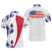 Load image into Gallery viewer, Mens golf polos shirts custom American flag blue argyle pattern white golf ball men's golf shirts NQS6474