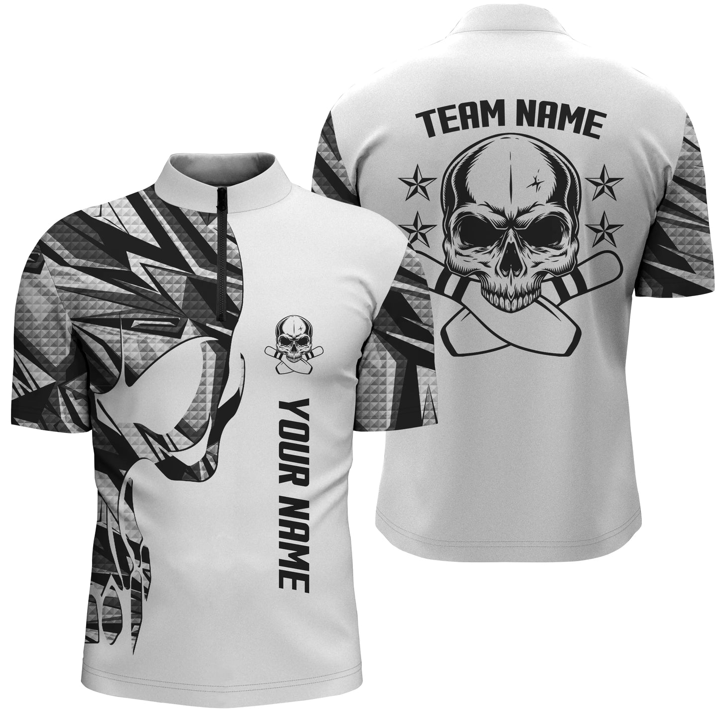 Custom White camo bowling shirt for men – personalized team jersey front view