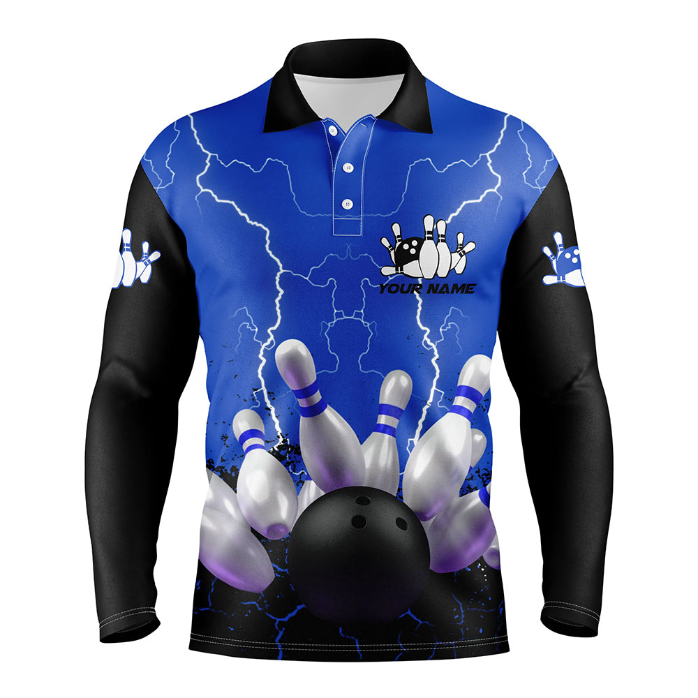 Blue personalized bowling shirt for men – custom name design side view
