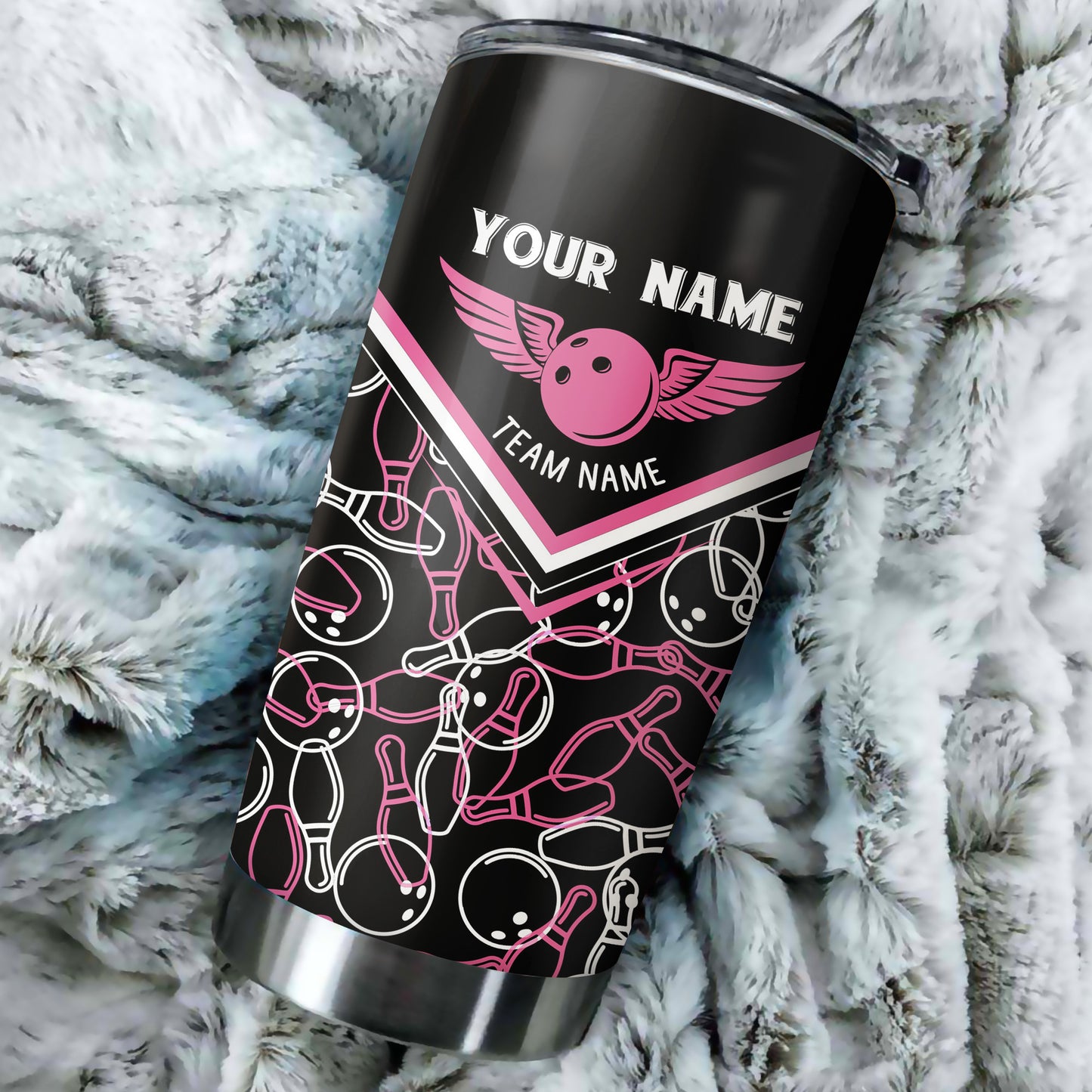 1pc Black Bowling Ball and Pins custom team name Tumbler Cup, Personalized bowling drinkware NQS5229
