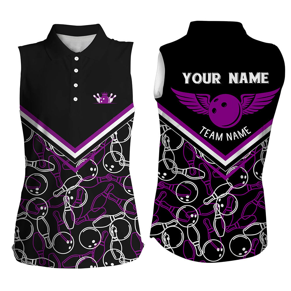 Personalized 3D bowling shirts for women, Custom black purple sleeveless polo Bowling Shirts for Girls NQS6441