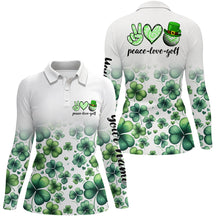 Load image into Gallery viewer, Women golf polo shirts custom green clover St Patrick's Day peace love golf, womens golf tops NQS7182