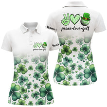 Load image into Gallery viewer, Women golf polo shirts custom green clover St Patrick's Day peace love golf, womens golf tops NQS7182