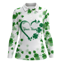 Load image into Gallery viewer, Womens golf polos shirts custom green clover heart St Patrick's Day pattern ladies golf polos NQS7197
