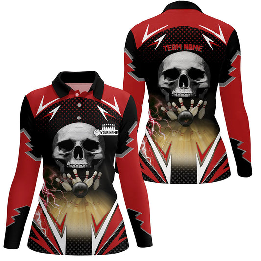 Red and black Bowling skull polo shirts for womens custom Bowling ball pins Team League Jerseys NQS6251