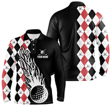 Load image into Gallery viewer, Mens golf polo shirts custom black and red argyle pattern golf ball fire cool men's golf shirt NQS6932
