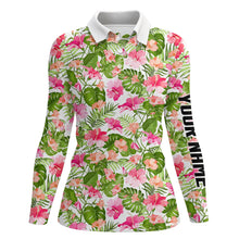 Load image into Gallery viewer, Womens golf polos shirts custom name blooming hibiscus and palm tropical pattern golf tops for ladies NQS7129