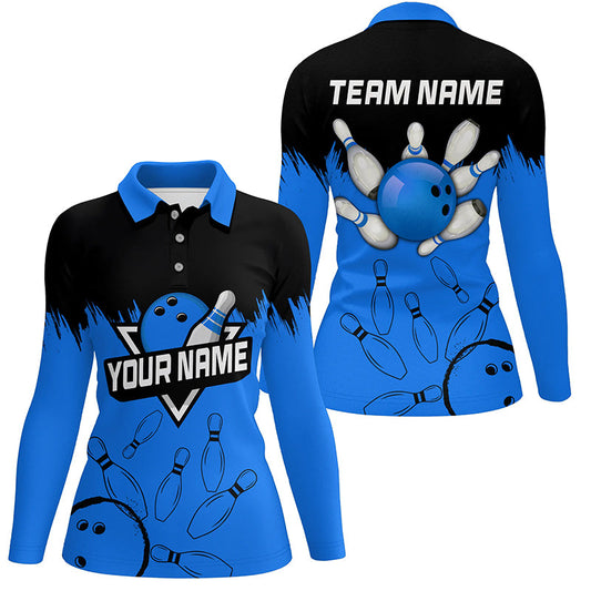 Women bowling polo shirts Custom black and blue Bowling Team league Jerseys, gifts for bowlers NQS7248