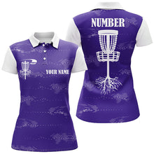 Load image into Gallery viewer, Purple and white Womens disc golf polo shirt custom disc golf basket, personalized disc golf gifts NQS7252