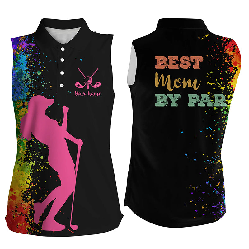 Women's sleeveless golf polo shirt custom black watercolor best mom by par, mother's day golf gift NQS5179