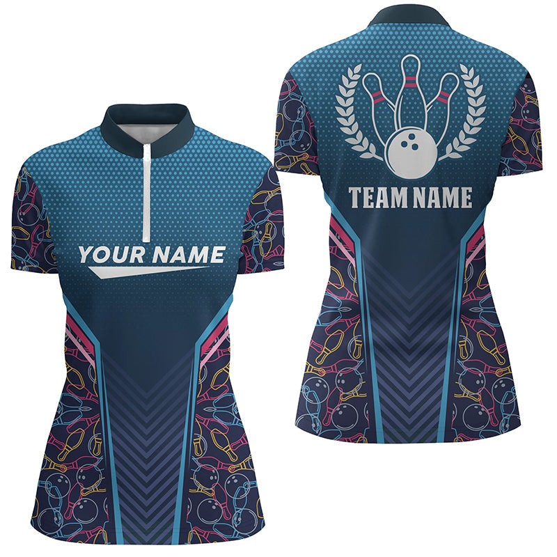 Bowling blue camo Women Quarter-Zip Shirt Personalized Bowling Team League Jerseys Gift For Bowlers NQS6832