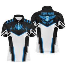 Load image into Gallery viewer, Black and white Bowling shirts for men custom name, team name Bowling Ball & Pins mens polo shirts NQS4899